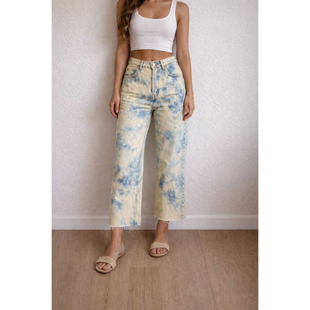 REFORMATION Tie-Dye Blue Cream Petite Wide Crop Raw Hem Denim Jeans Womens 27